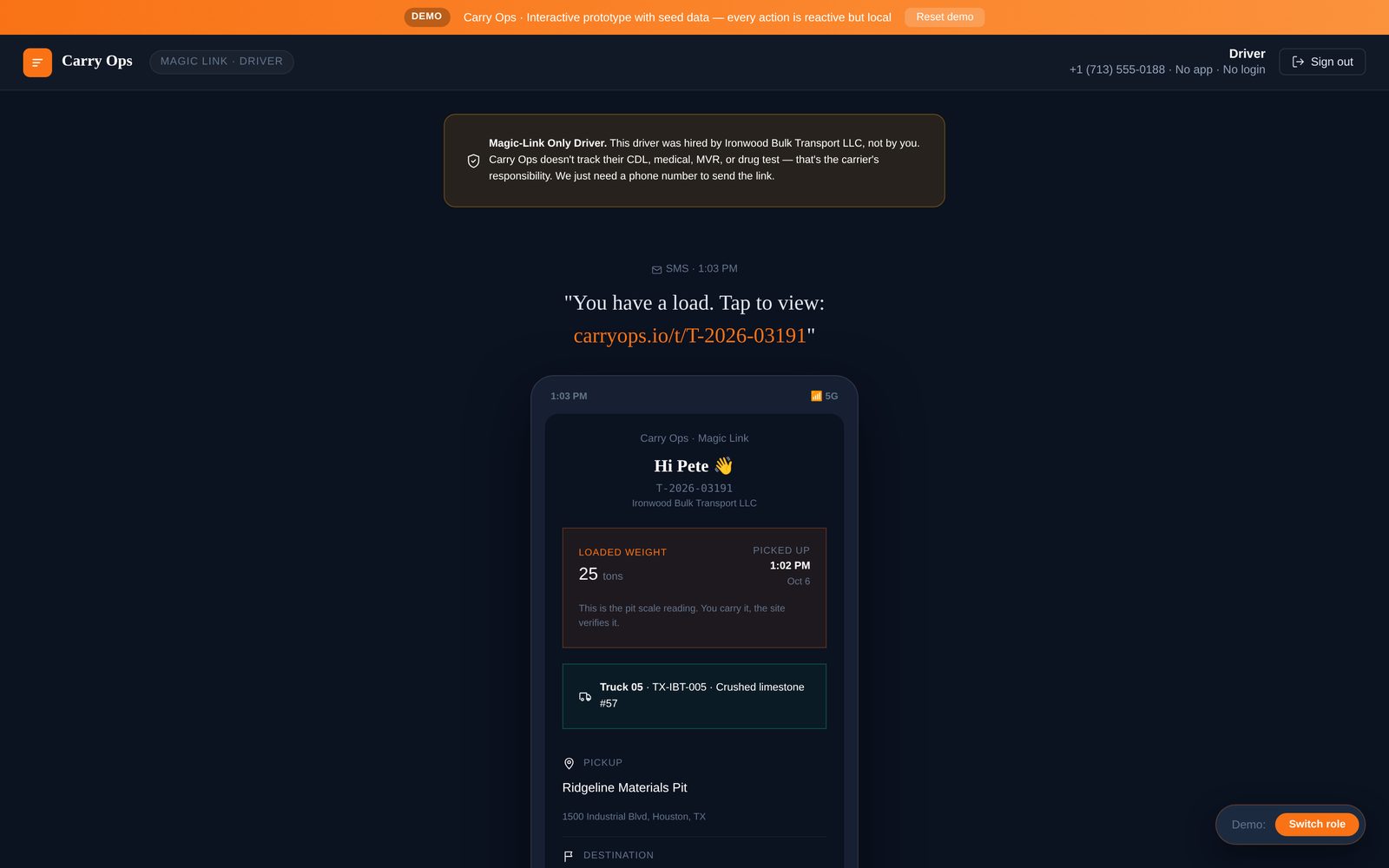 A carrier's driver receives the scale ticket by text link: no app, no login