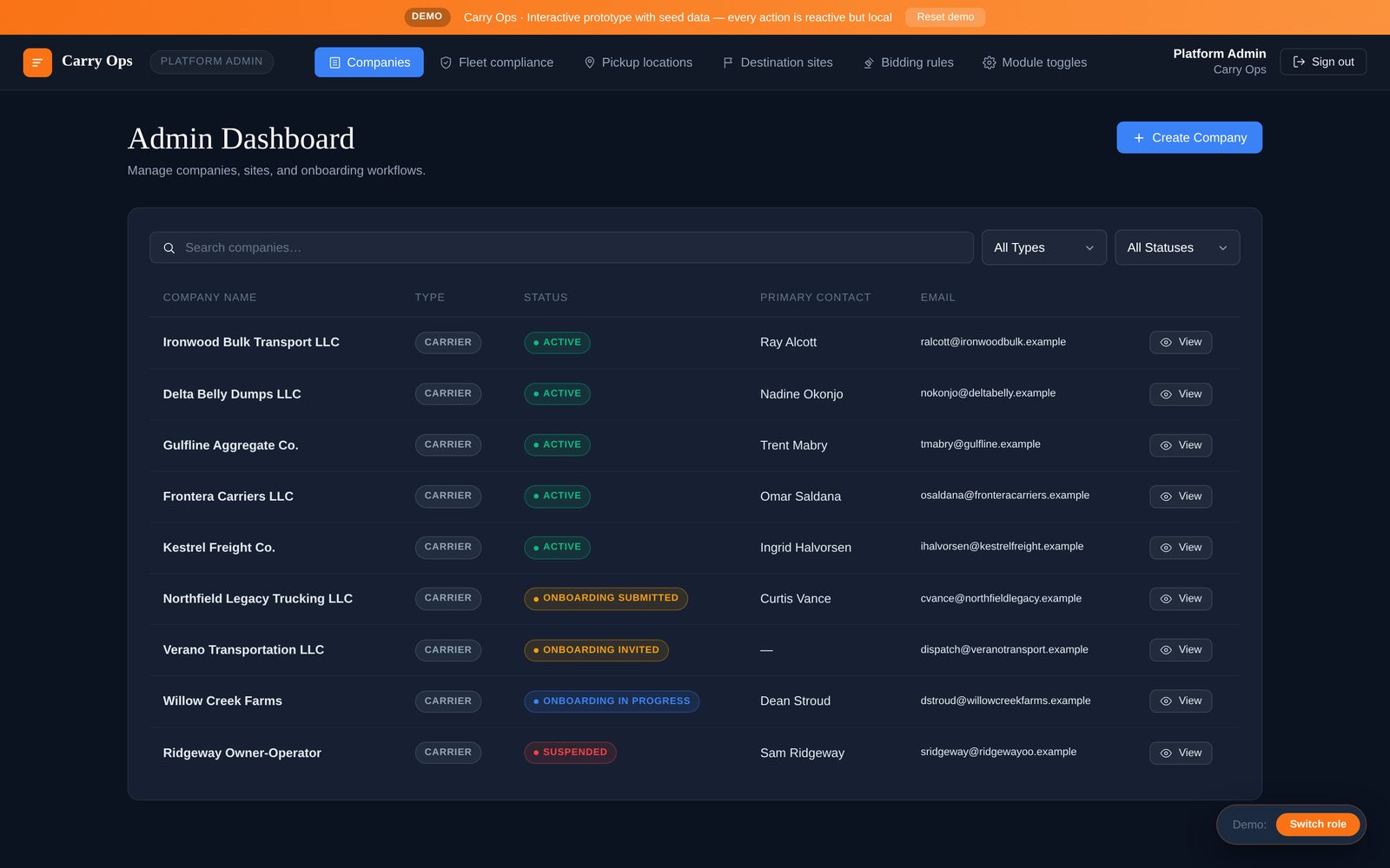 Every carrier's status in one place, from invited to active to suspended